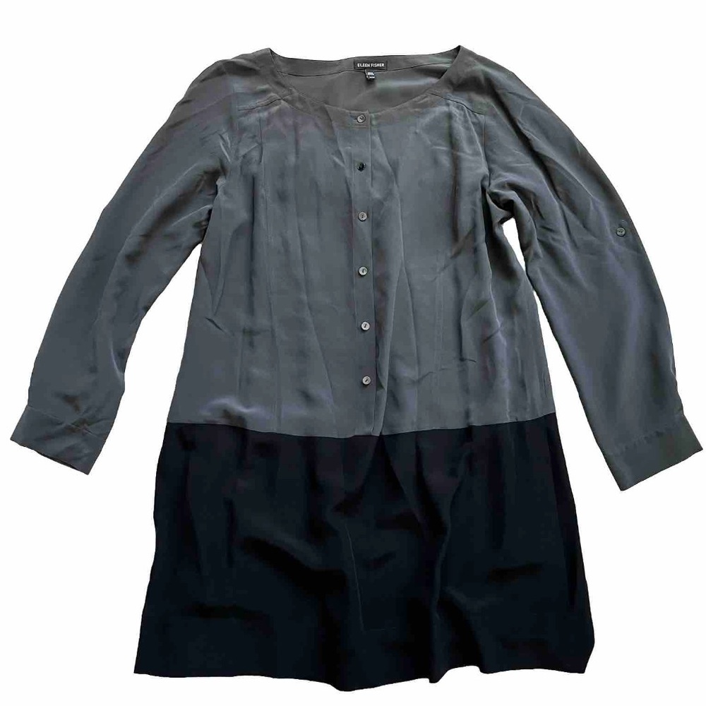 EILEEN FISHER 100% SILK BUTTON DOWN COLOR BLOCK TUNIC W/ POCKETS SIZE MEDIUM